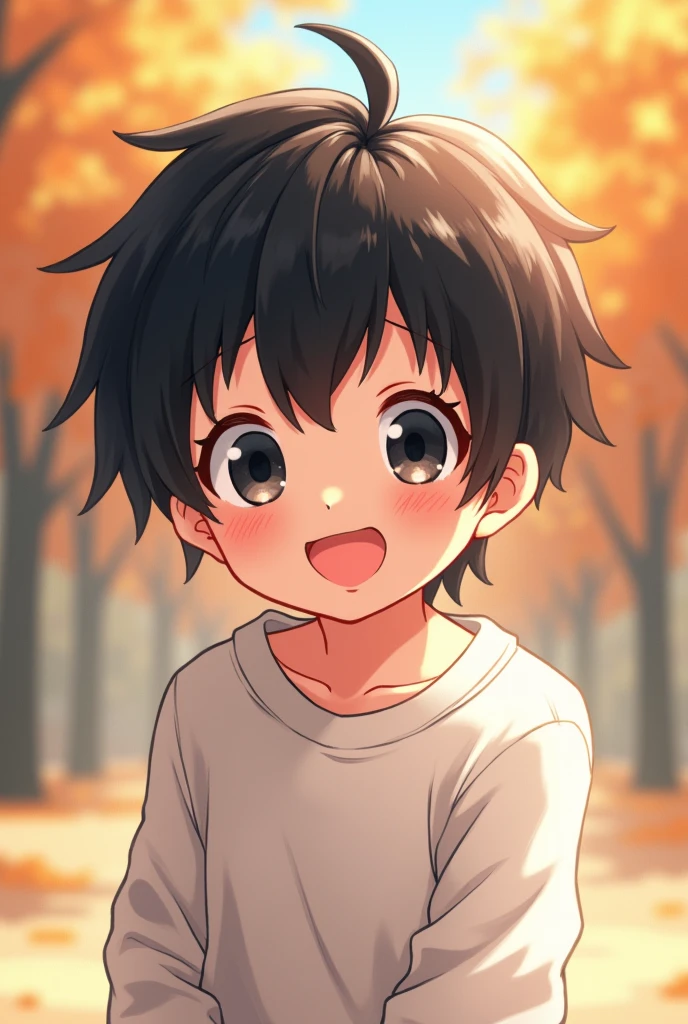 An anime boy with brown hair and big eyes staring at the camera[[[[smile]]]], White sweatshirt，smileと輝く瞳, 大きな目と可愛いsmile, Glossy black hair, Black eyes gleaming,, Performance, Laughter,