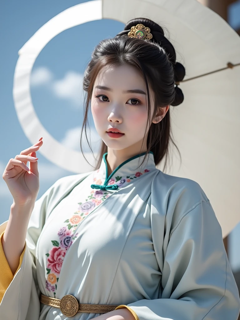 A girl, ancient Chinese costume, whole body, sunshine, clear face, clean white background, masterpiece, super detail, epic composition, ultra HD, high quality, extremely detailed, official art, uniform 8k wallpaper, super detail, 32k