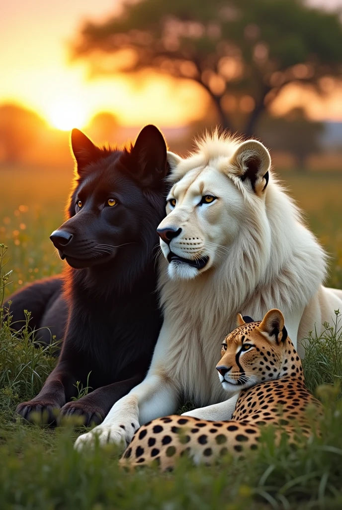 white lion, black wolf, leopard, cheetah, lying together