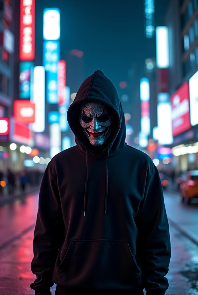 "A man stands on a futuristic, high-tech city street at night. His face is covered by a sleek, black Joker mask with sharp features and sinister details. He is wearing a black hoodie with the hood up, and his entire outfit, including his pants and shoes, is jet black. The background showcases towering skyscrapers with neon lights, holographic advertisements, and flying vehicles. The street is illuminated by the vibrant glow of technology, casting a mysterious and ominous atmosphere."