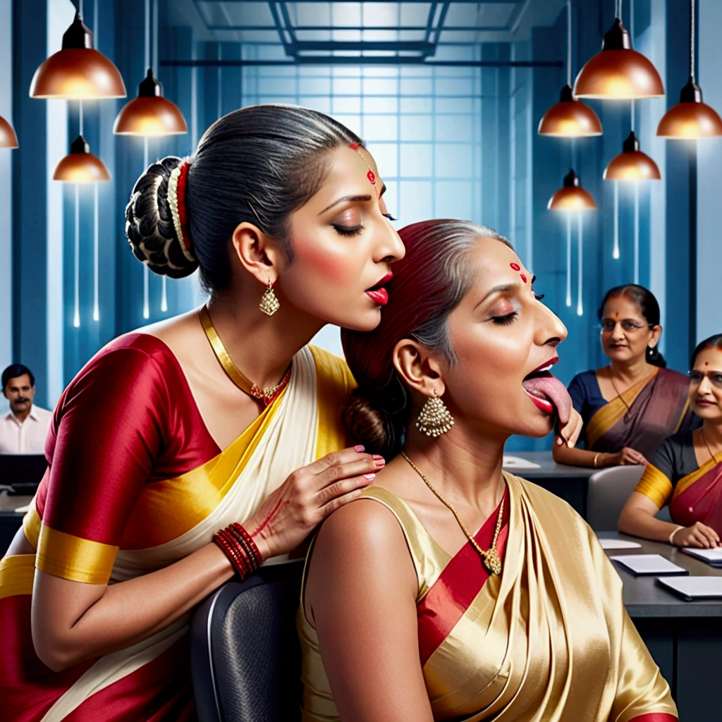 in luxerius office items sorrounded bright lighted modern indian office,younger office lady with hair bun in saree raping her eldery lady boss' open hair with her tongue from standing behind to the boss,backsideStrictly use exact as per the inmage prompt