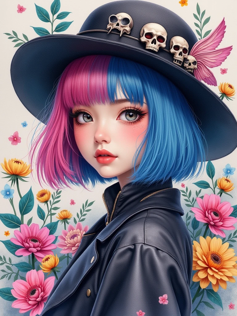 8K quality, watercolor painting, stylish design, (((The strongest beautiful girl of all time))), (((Japanese))), Fashionable hats, (((highest quality))), bob hair, HDR, ((Detailed details)), skull fashion, detailed clothing texture, (((graffiti art))), colorful hair, ((masterpiece))、((Super detailed))、colorful flowers