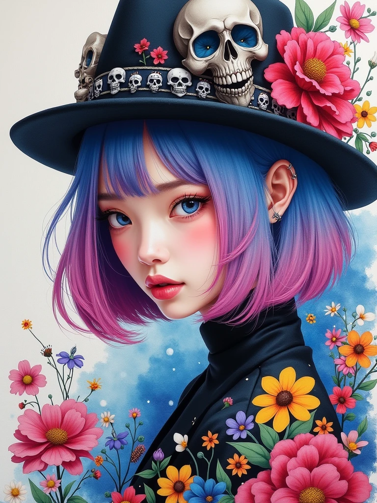 8K quality, watercolor painting, stylish design, (((The strongest beautiful girl of all time))), (((Japanese))), Fashionable hats, (((highest quality))), bob hair, HDR, ((Detailed details)), skull fashion, detailed clothing texture, (((graffiti art))), colorful hair, ((masterpiece))、((Super detailed))、colorful flowers