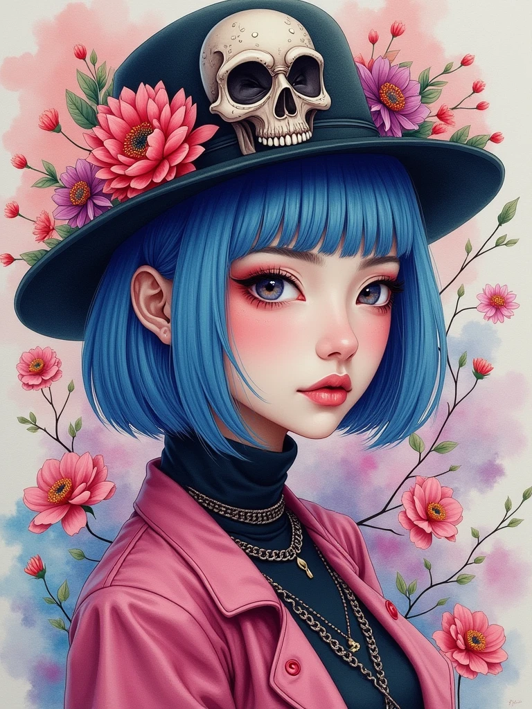 8K quality, watercolor painting, stylish design, (((The strongest beautiful girl of all time))), (((Japanese))), Fashionable hats, (((highest quality))), bob hair, HDR, ((Detailed details)), skull fashion, detailed clothing texture, (((graffiti art))), colorful hair, ((masterpiece))、((Super detailed))、colorful flowers