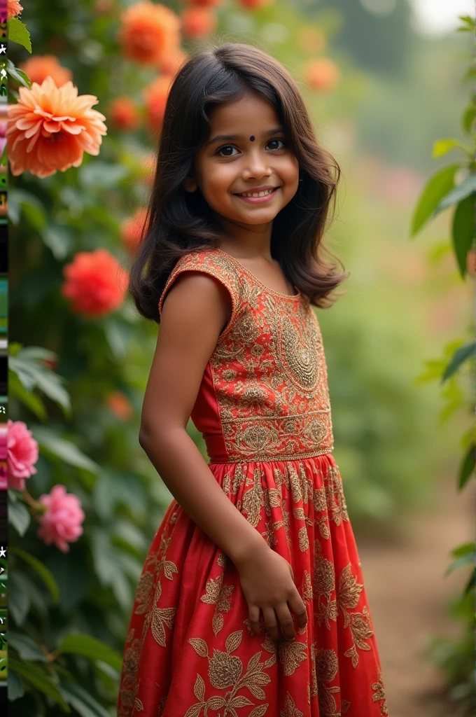 Bangladeshi girl, medium length dark brown hair, hourglass shaped body, beautiful dress