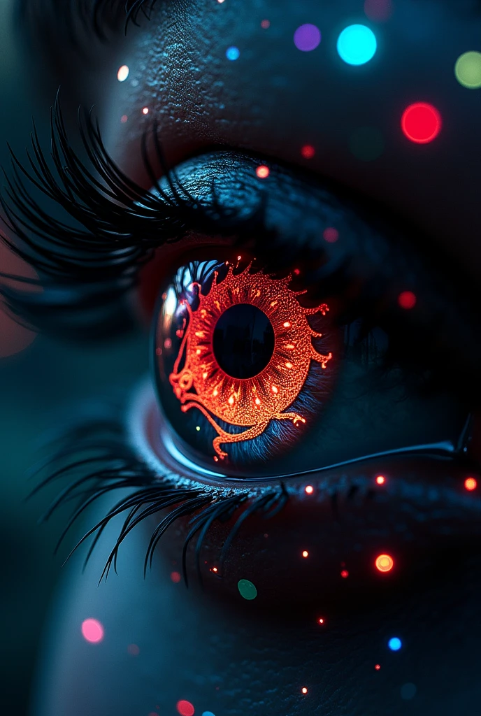 Black eye with a crimson Dragon patter on on it surrounded by glowing point with different color s