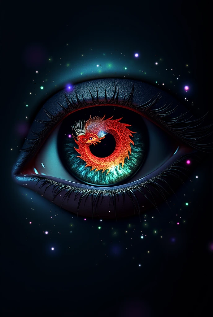 Black eye with a crimson Dragon patter on on it surrounded by glowing point with different color s