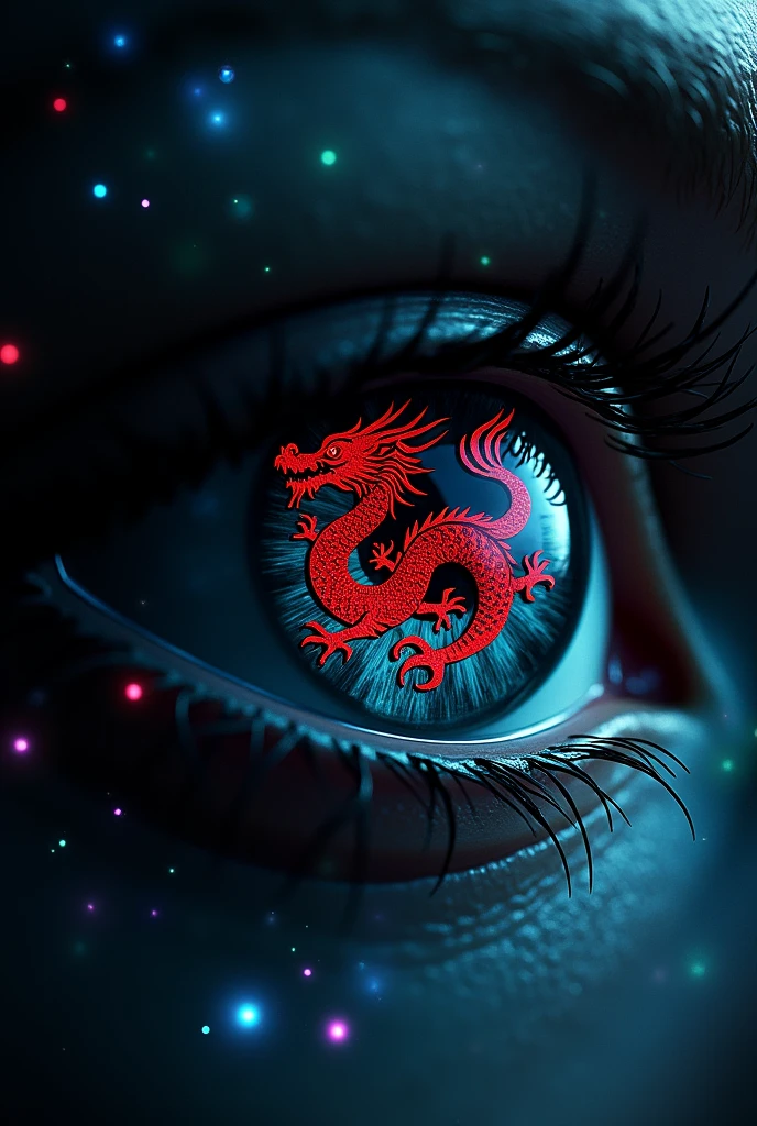 Black eye with a crimson Dragon patter on on it surrounded by glowing point with different color s