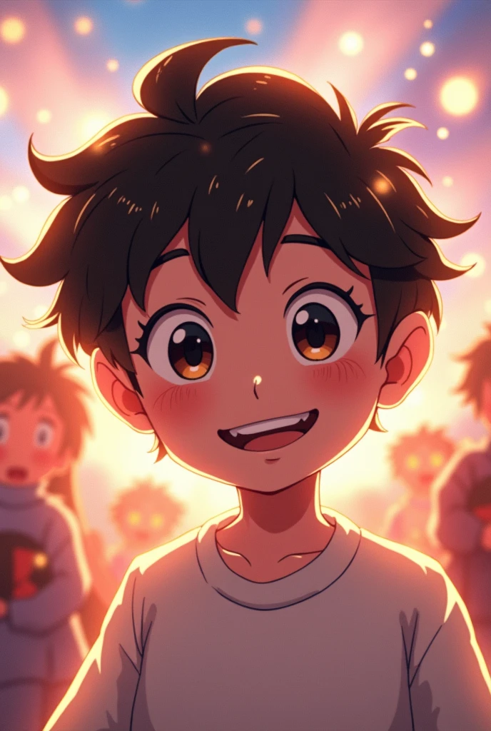 An anime boy with brown hair and big eyes staring at the camera[[[[smile]]]], White sweatshirt，smileと輝く瞳, 大きな目と可愛いsmile, Glossy black hair, Black eyes gleaming,, Performance, Laughter,