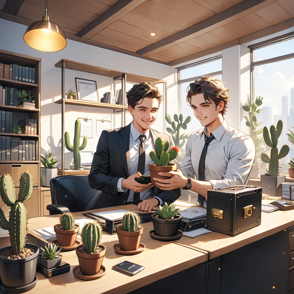 cheerful young 1man holding a cactus, office,partners, pots, gold, lawyer ,safe deposit ,best quality, 4k, unreal engine, masterpiece, detailed
