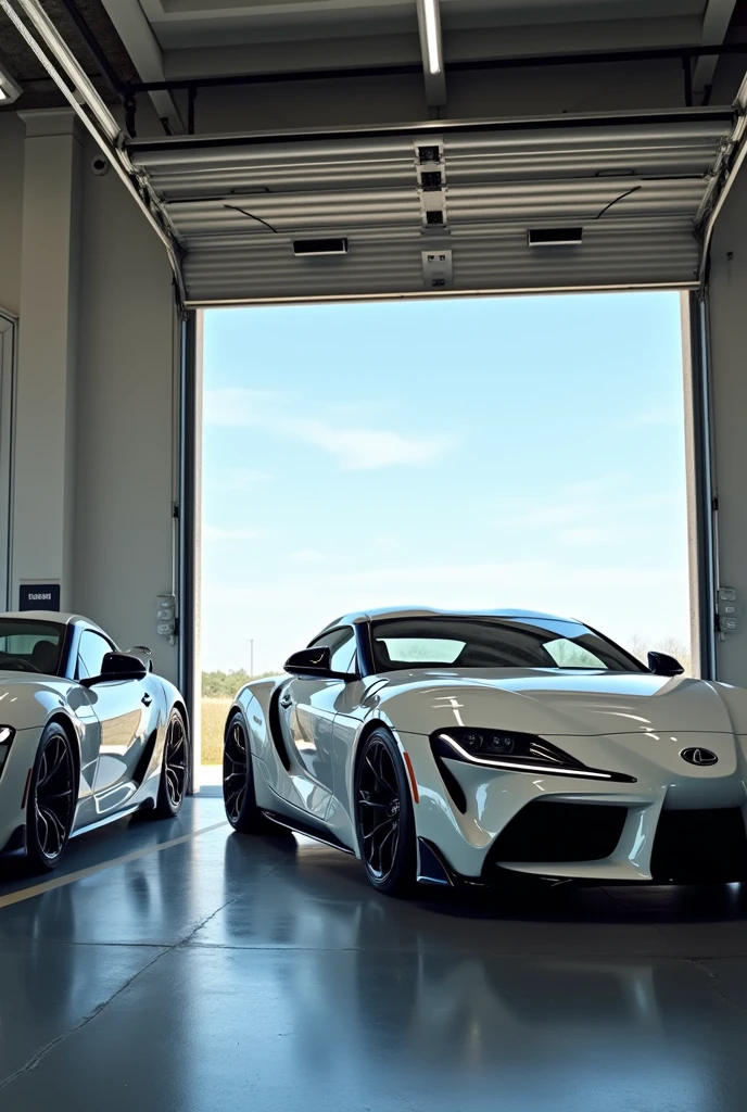 A house garage , a white 1994 Toyota Supra next to a white Lexus LFA and a black and blue Bugatti Veyron  , daytime with an open sky  .