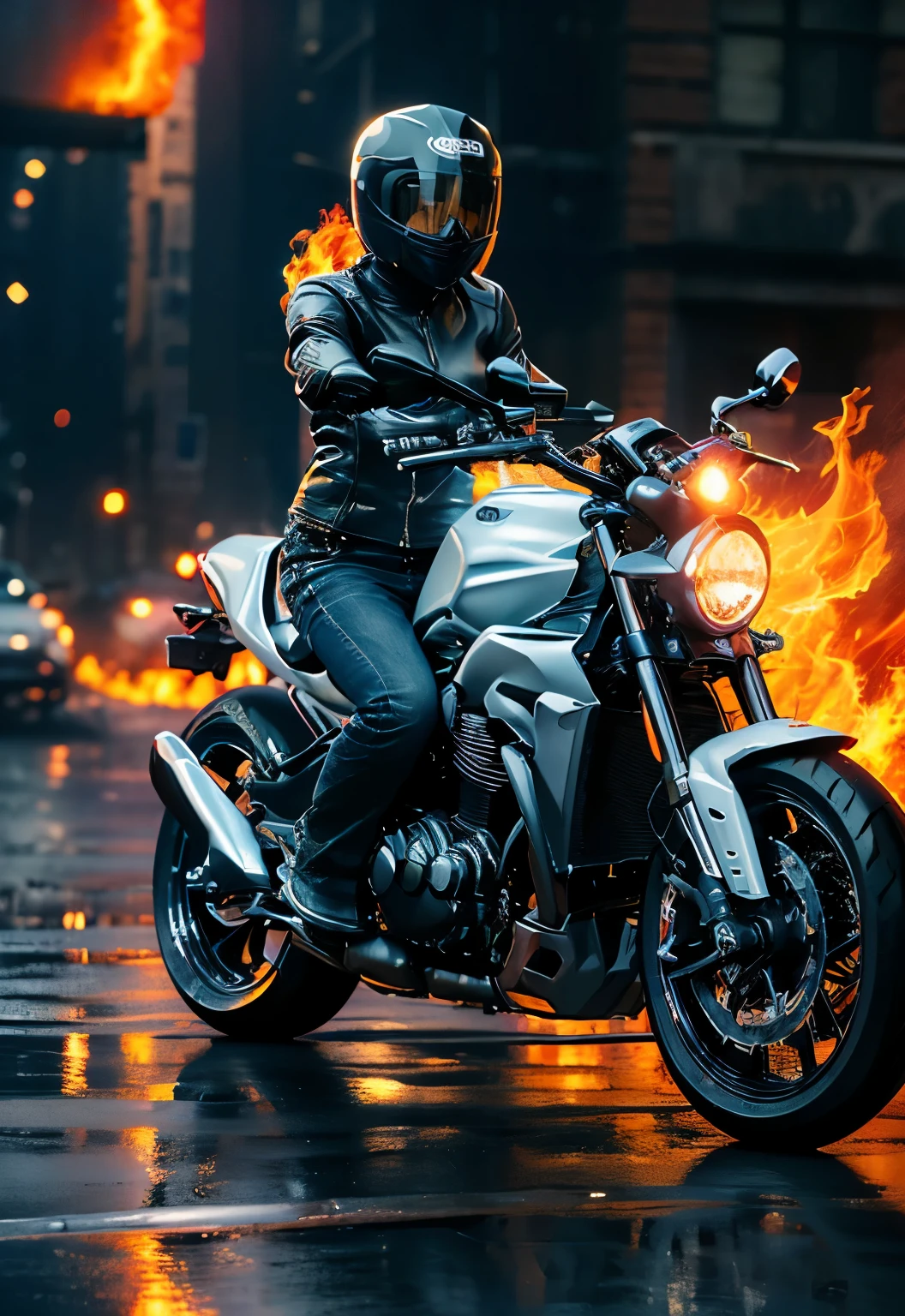 woman，25 years old, Style Ghost Photographer, Supernatural antihero character in comics published by Marvel Comics, 出现one个燃烧的骷髅头, The motorcycle she was riding also caught fire, Skinny leather jacket, whole body, (Burning Motorcycle: 1.5) , ((best quality)), ((Selected: 1.4)) Super Resolution, Movie Lighting, (New York: 1.3), 超realism, . ....Raw, (realism: 1.5), (realism: 1.4), (absurd: 1.4), 8K, ultra-detailed, detailed, (one: 1.4), (Viewer: 1.3), HD4