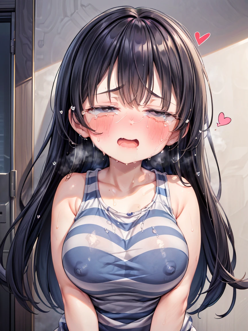 (Girl, Fat middle-aged man:1.2)、(Striped tank top)、blush、Very detailed、High resolution、4K、masterpiece、High resolution、(tears:1.8)、(heart:1.3)、(rape)、(despair:1.3)、(Half-close your eyes:1.3)、(Sweaty:1.3)、(Big Breasts)、(Push one's groin forward)、(Squat)、(A middle-aged man is beside you.:1.6)、torment