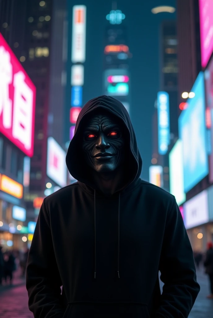 "A man stands on a futuristic, high-tech city street at night. His face is covered by a sleek, black Joker mask with sharp features and sinister details. He is wearing a black hoodie with the hood up, and his entire outfit, including his pants and shoes, is jet black. The background showcases towering skyscrapers with neon lights, holographic advertisements, and flying vehicles. The street is illuminated by the vibrant glow of technology, casting a mysterious and ominous atmosphere."