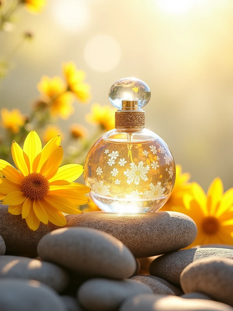 Perfume, on top of irregularly shaped rocks, surrounded by yellow flowers on a solid light background,