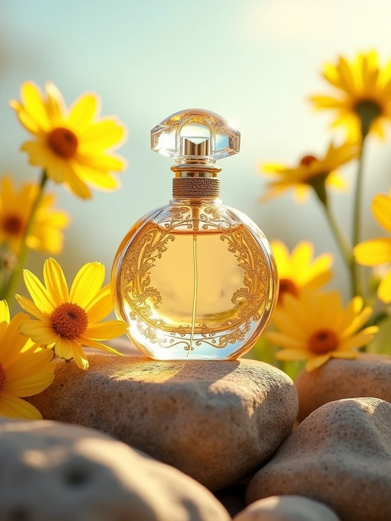 Perfume, on top of irregularly shaped rocks, surrounded by yellow flowers on a solid light background,