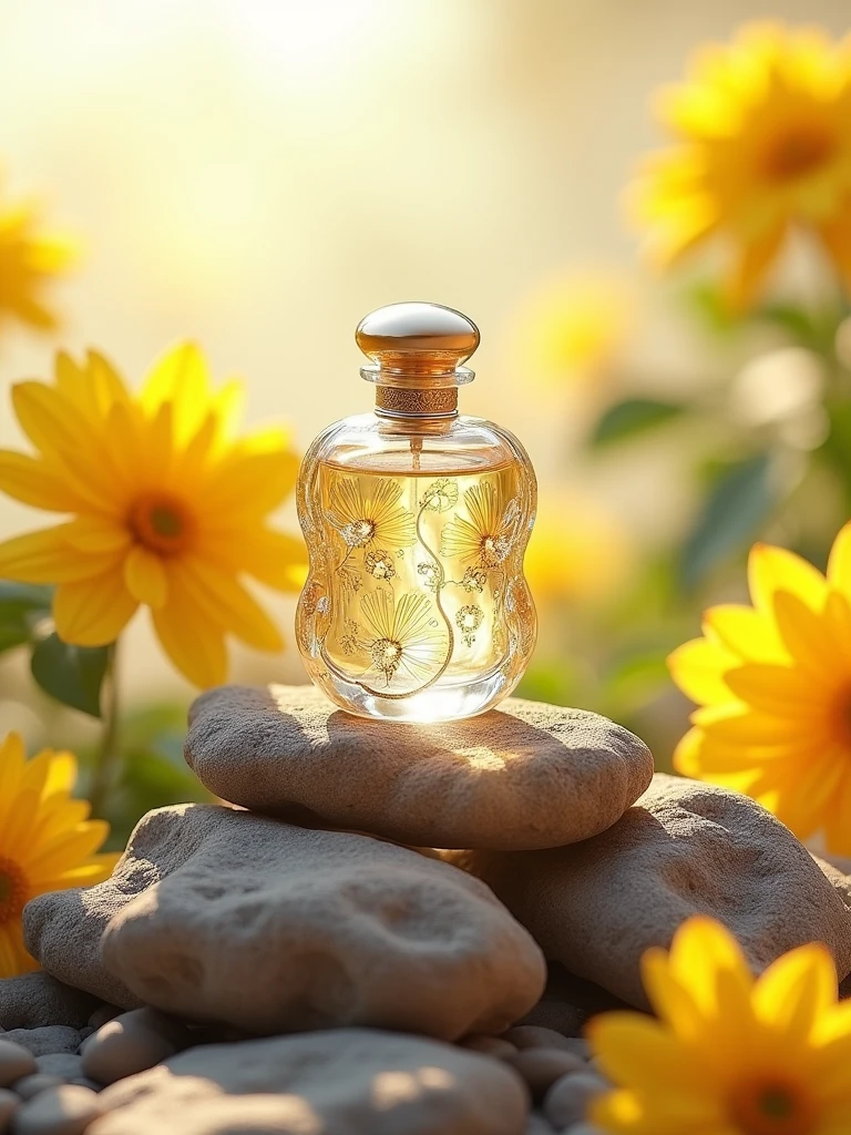 Perfume, on top of irregularly shaped rocks, surrounded by yellow flowers on a solid light background,