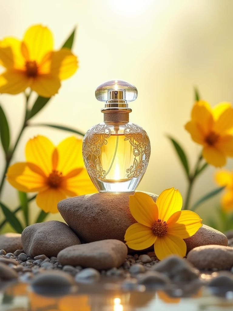Perfume, on top of irregularly shaped rocks, surrounded by yellow flowers on a solid light background,