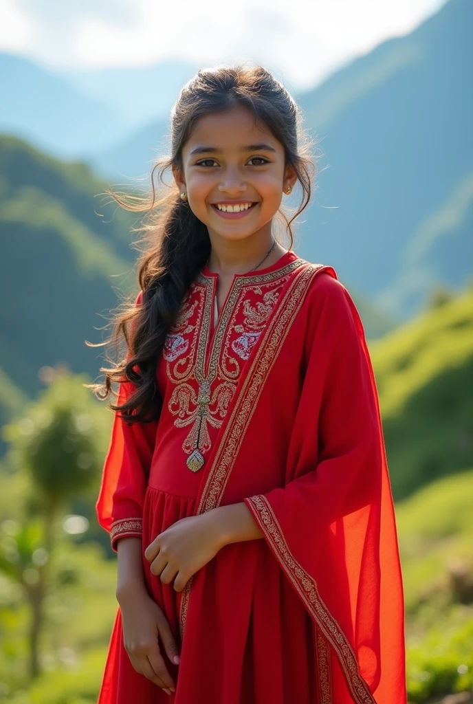 (photorealism:1.2), beautiful girl, standing, wearing red nepali kurtha suruwal, smiling, full body image