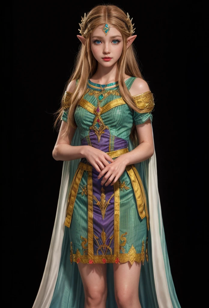 Princes Zelda, blue eyes, (best qualityer, ultra detail), (realisitic:1.37), beautiful and detailed face, ultra-realisitic texture, Exquisite face, Delicate body, red lipgloss stick, shiny colors. High definition, 8k,