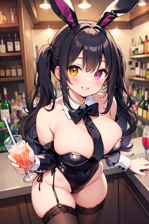 (masterpiece, top quality, detailed drawing, beautiful hair, beautiful eyes, perfect face, perfect anatomy), crowded bar, short twin tails hair, black hair, very , droopy eyes, heterochromia, pink eye, orange eye, very huge breasts, height 145cm, 13 year oring big bunny ears, smiling and carrying drinks wearing big bunny ears and a max super very tight bunny-girl outfit, smiling and serving drinks