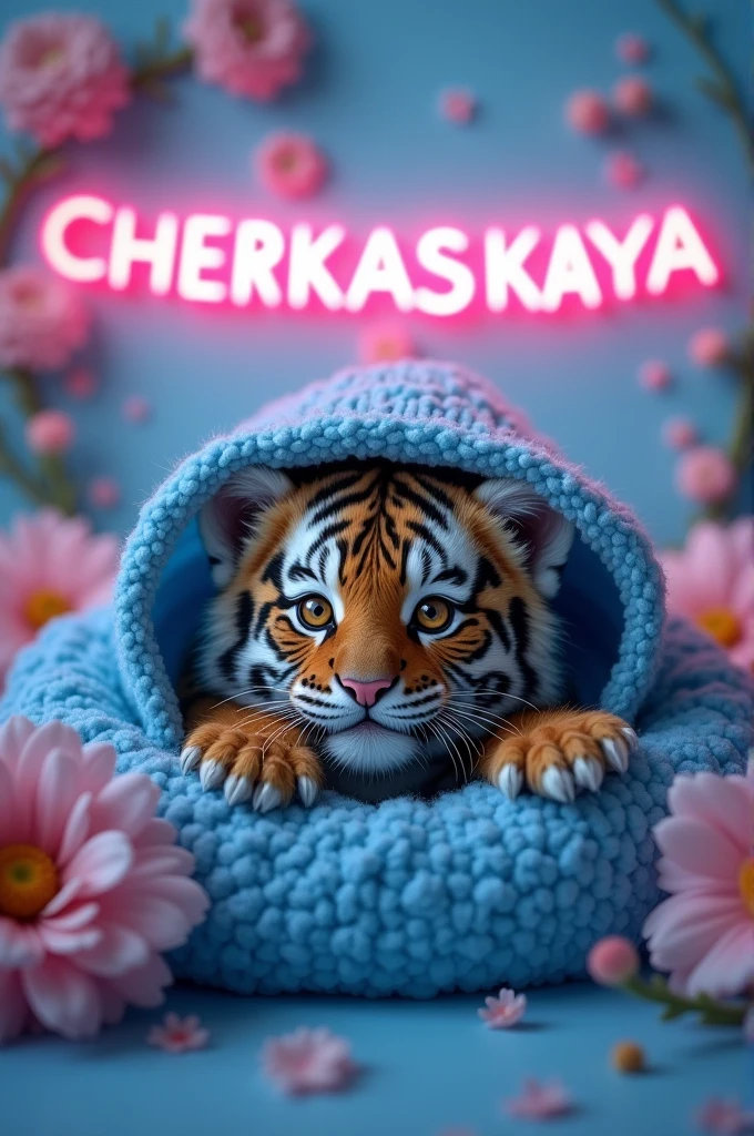 A fluffy tiger in a blue sweater on a background of delicate flowers with a blue tint and neon letters says CHERKASKAYA very gentle photo