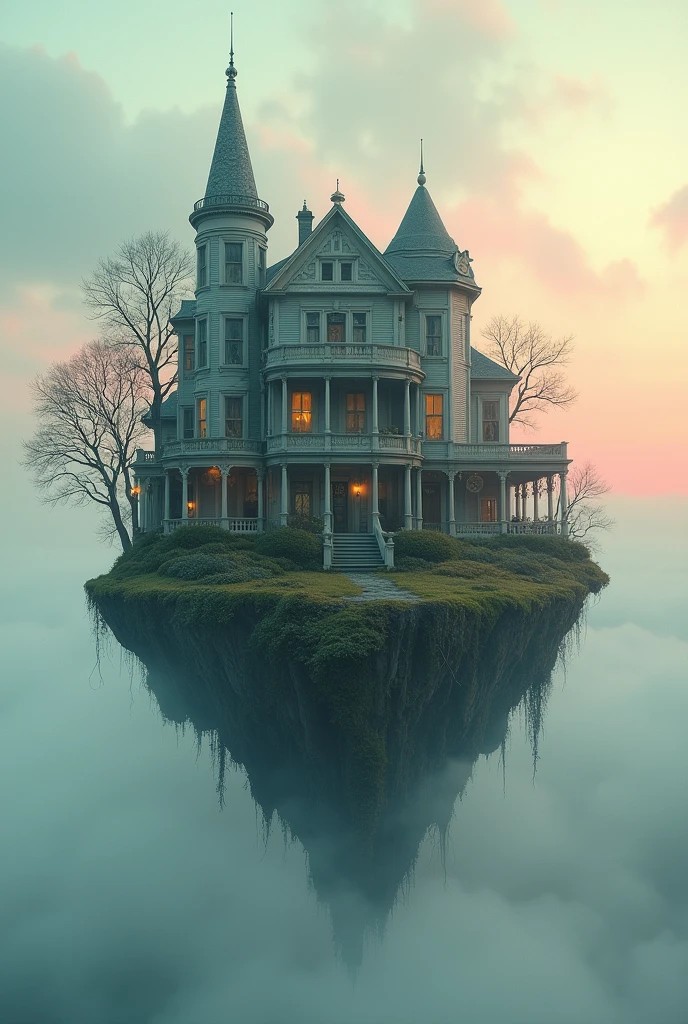 A misty, pastel-colored floating island with Victorian houses slowly decaying, covered in soft vines. The sky is an endless gradient of muted pinks and blues, with glowing gears floating silently in the air. The scene feels nostalgic and eerie, like a forgotten dream