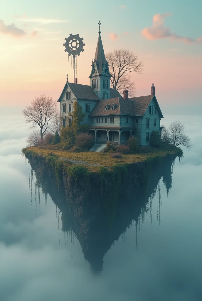 A misty, pastel-colored floating island with Victorian houses slowly decaying, covered in soft vines. The sky is an endless gradient of muted pinks and blues, with glowing gears floating silently in the air. The scene feels nostalgic and eerie, like a forgotten dream