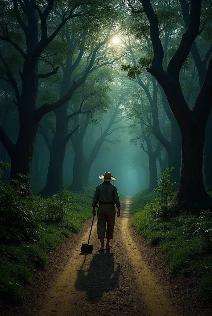 Description: "A dirt road in the middle of the woods, surrounded by a deep and mysterious darkness. En el centro de la imagen, My friend João, a simple and tired man, wearing a straw hat and the clothes of a rural worker, walks alone, holding a hoe. The atmosphere around him is tense, with tall, shadowy trees that seem to watch João as he walks."
