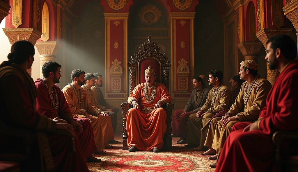 Inside Akbar’s mugal grand court, Akbar is seated on his throne, receiving the news that Maharana Pratap has reclaimed another fort. His face shows a mix of frustration and realization, with courtiers and generals around him exchanging worried glances. The scene emphasizes the tension in the court as they understand the growing challenge that Pratap poses.