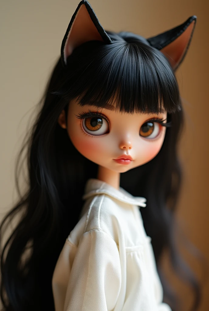 a beautiful Blythe doll, black layered hair no bangs, small brown cat-like eyes, white plain shirt, (best quality,4k,8k,highres,masterpiece:1.2),ultra-detailed,(realistic,photorealistic,photo-realistic:1.37),extremely detailed eyes and face,longeyelashes,beautiful detailed eyes,beautiful detailed lips,intricate details,delicate features,pristine condition,highly realistic,soft lighting,warm colors,natural tones