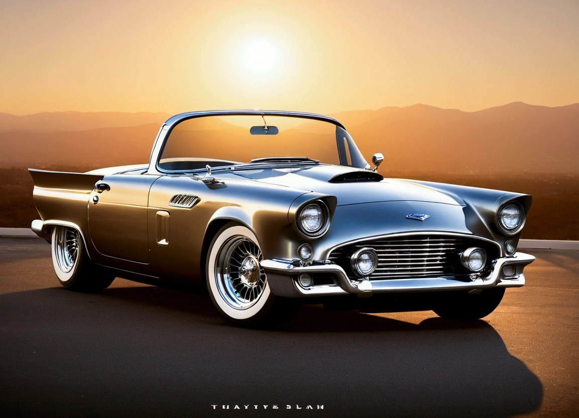 DIAGONAL and distant CAMERA, full picture of a 1957 ford thunderbird convertible hot rod, futuristic style, rounded corners, SILVER COLOR MIRRORED METALLIC reflective, METALLIC MIRROR SILVER COLOR, EXTREMELY POLISHED AND MIRRORED PAINTING, PAINTING reflects bright sunlight, Hot rod style , film style stalone cobra, the painting reflects the sunlight, reflection of light shine on painting, has a THICK AND WIDE wheel in the color GOLD star, has GOLD star color wheel, thick and ridiculously wide and turned sports wheels, GOLDEN AND POLISHED WHEELS, It has gold wheels, ridiculously lowered front suspension, detailed grille with cross ornaments, car with extreme details, IN A PARKING LOT IN FRONT OF A GAS STATION STYLE with neon, image in diagonal pose, hyper-detailed image masterpiece, whole image, The sun shines brightly on the car's paint., There's a beautiful 18 year old girl leaning against the car. ultra detaild, realisitic