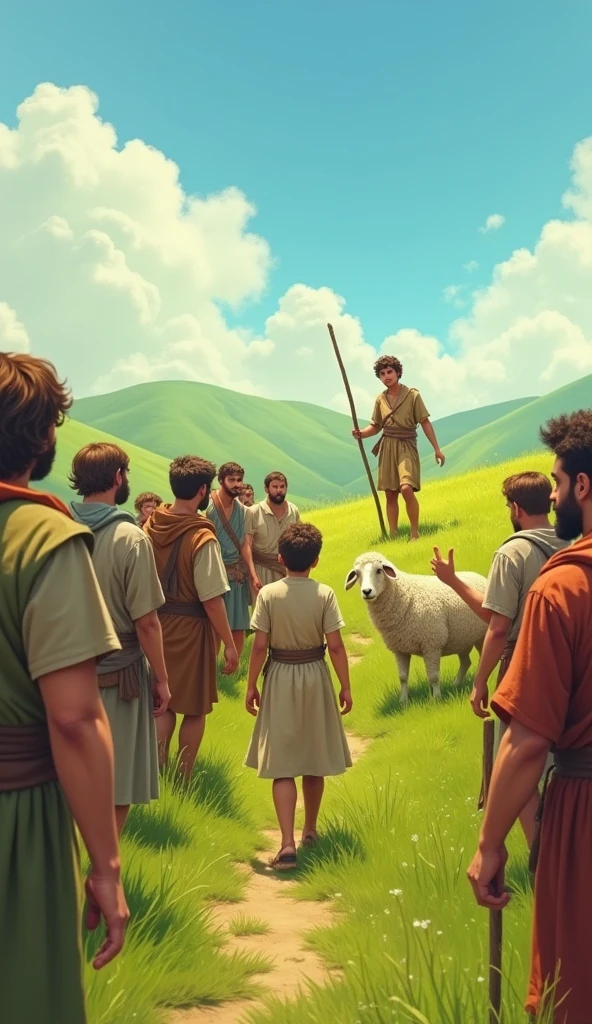 the villagers look frustrated as they approach the hill. A few villagers are visibly angry, and one might be wagging a finger at the boy, who still finds it amusing.
The Shepherd Boy is 10-. A young boy with tousled brown hair, bright eyes, and a youthful face. He wears simple, rugged clothes typical of a shepherd—loose tunic, shorts or trousers, and sandals. He carries a shepherd's staff, which he leans on when watching over the sheep.
The villagers are hardworking, practical, and concerned about the safety of their community. Villagers Are mix of men and women, mostly adults and elders. They wear simple, rustic clothing suited to a rural lifestyle—long skirts, tunics, aprons, and headscarves.