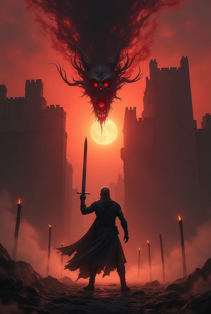 A  sword man and a beheaded flying head 
of a scary creature 