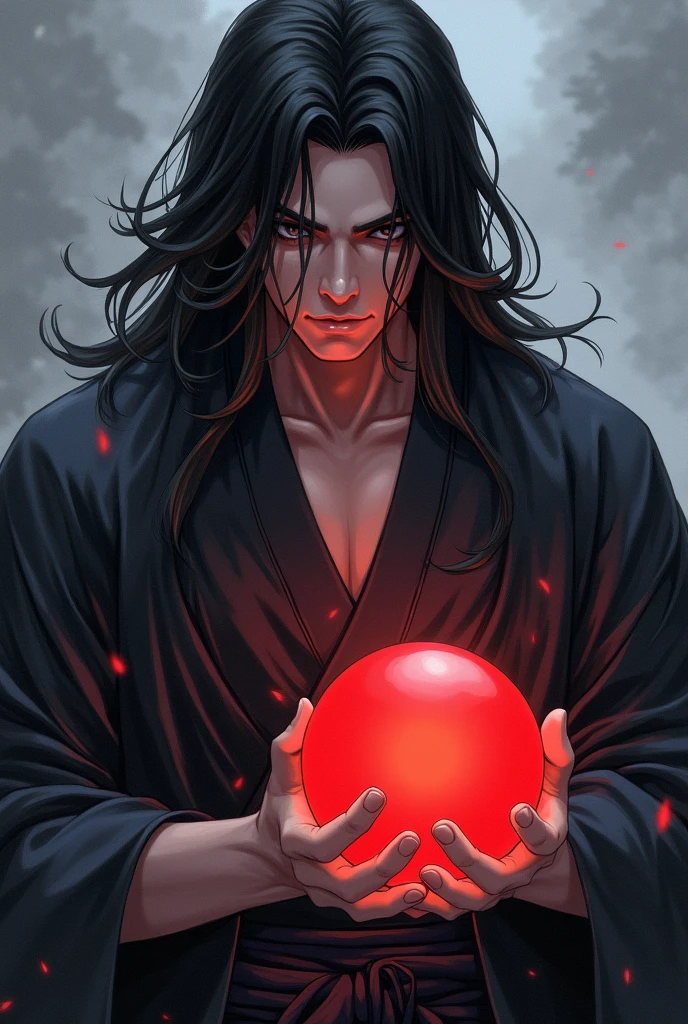 black haired, cold looking man, black eyes, long hair, majestic features, wearing a kimono, holding a glowing red ball of energy in his hand, novel cover.
