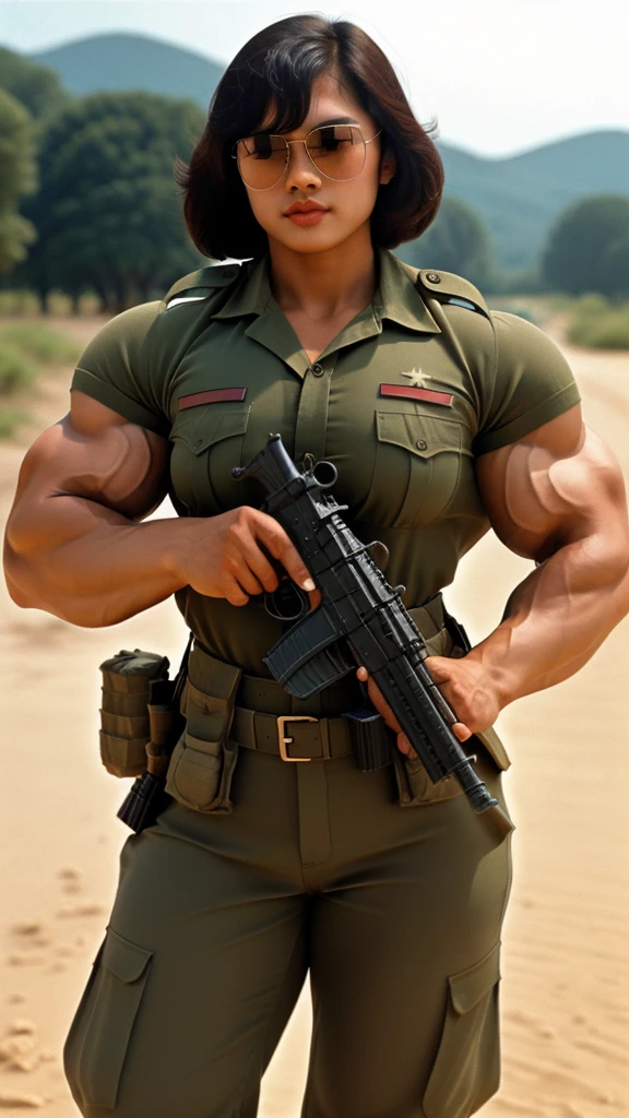 Realistic Malay cute girl holding a automatic rifle and aiming to shoot , fair and glossy skin, muscular body, Blackhair, Sun glasses, wearing military uniform, with a battlefield background, in 1984s