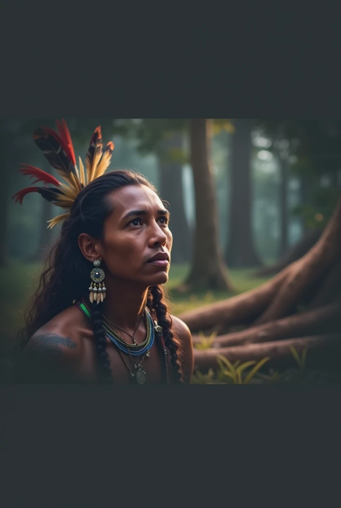 (((indigenous man))) best qualityer, very high resolution, Detailed CG in 4K, work of art, Amazon Brazil, Indigenous, Indigenous tribes, Indigenous city, forst, aesthetics, Beautiful picture, centered on screen, whole body