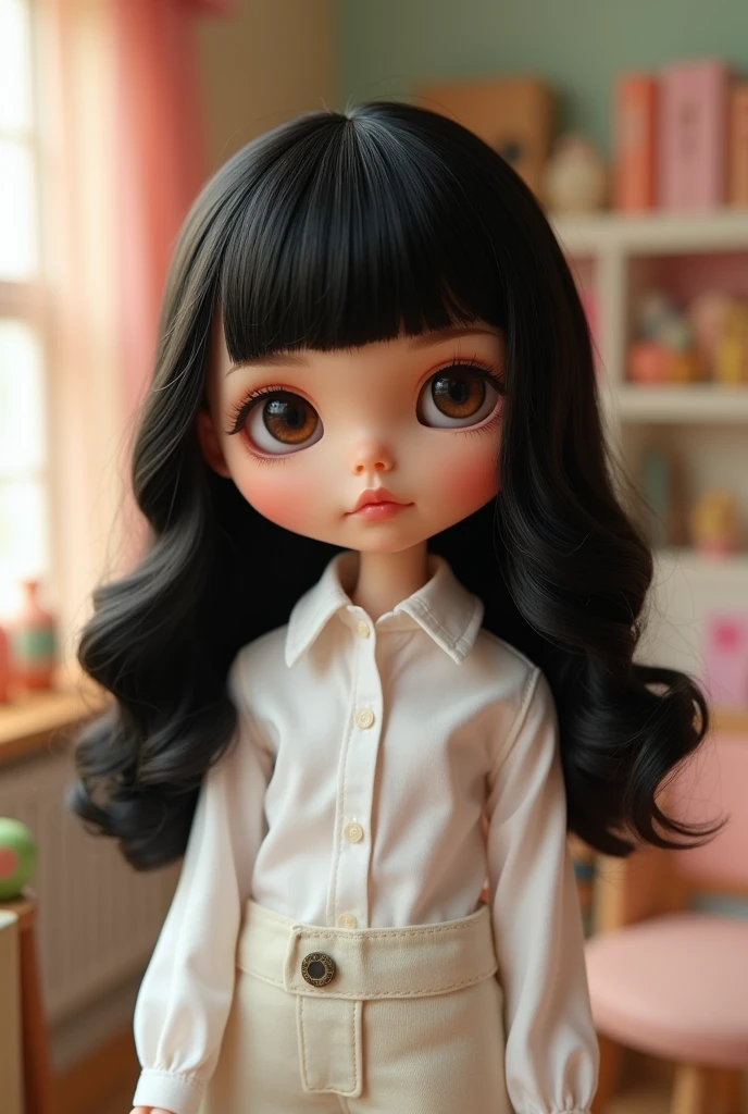 Blythe doll with black layered hair, DOESN'T HAVE A BANGS, a small brown eyes that looks like a cat’s eyes, is wearing a white shirt and NO CAT EARS. 