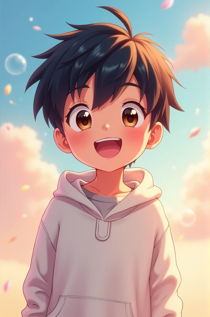 An anime boy with brown hair and big eyes staring at the camera[[[[smile]]]], White sweatshirt，smileと輝く瞳, 大きな目と可愛いsmile, Glossy black hair, Black eyes gleaming,, Performance, Laughter,