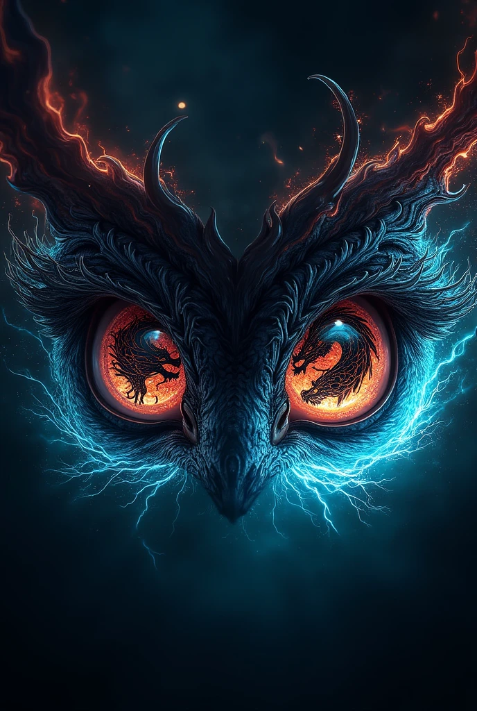 Black eyes with a Dragon Head imprinted in the iris surrounded by Glowing colors