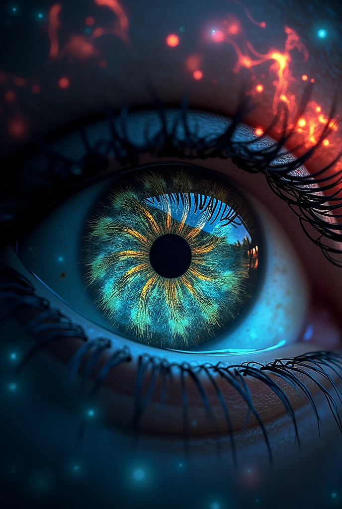 Black eyes with a Dragon Head imprinted in the iris surrounded by Glowing colors