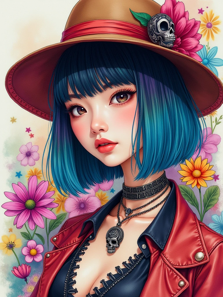 8K quality, watercolor painting, stylish design, (((The strongest beautiful girl of all time))), (((Japanese))), Fashionable hats, (((highest quality))), bob hair, HDR, ((Detailed details)), skull fashion, detailed clothing texture, (((graffiti art))), colorful hair, ((masterpiece))、((Super detailed))、colorful flowers