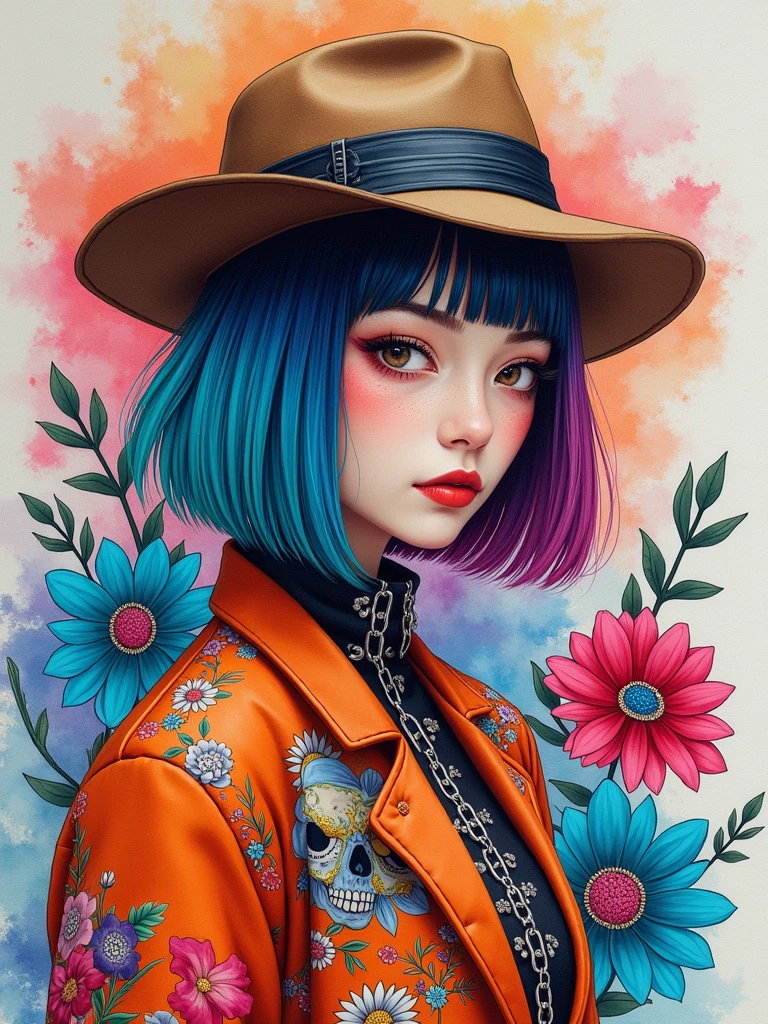 8K quality, watercolor painting, stylish design, (((The strongest beautiful girl of all time))), (((Japanese))), Fashionable hats, (((highest quality))), bob hair, HDR, ((Detailed details)), skull fashion, detailed clothing texture, (((graffiti art))), colorful hair, ((masterpiece))、((Super detailed))、colorful flowers