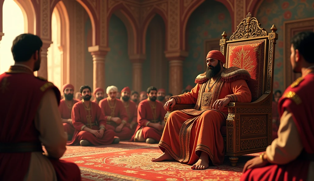 Inside Akbar’s mugal grand court, Akbar is seated on his throne, receiving the news that Maharana Pratap has reclaimed another fort. His face shows a mix of frustration and realization, with courtiers and generals around him exchanging worried glances. The scene emphasizes the tension in the court as they understand the growing challenge that Pratap poses. In 3d animation style