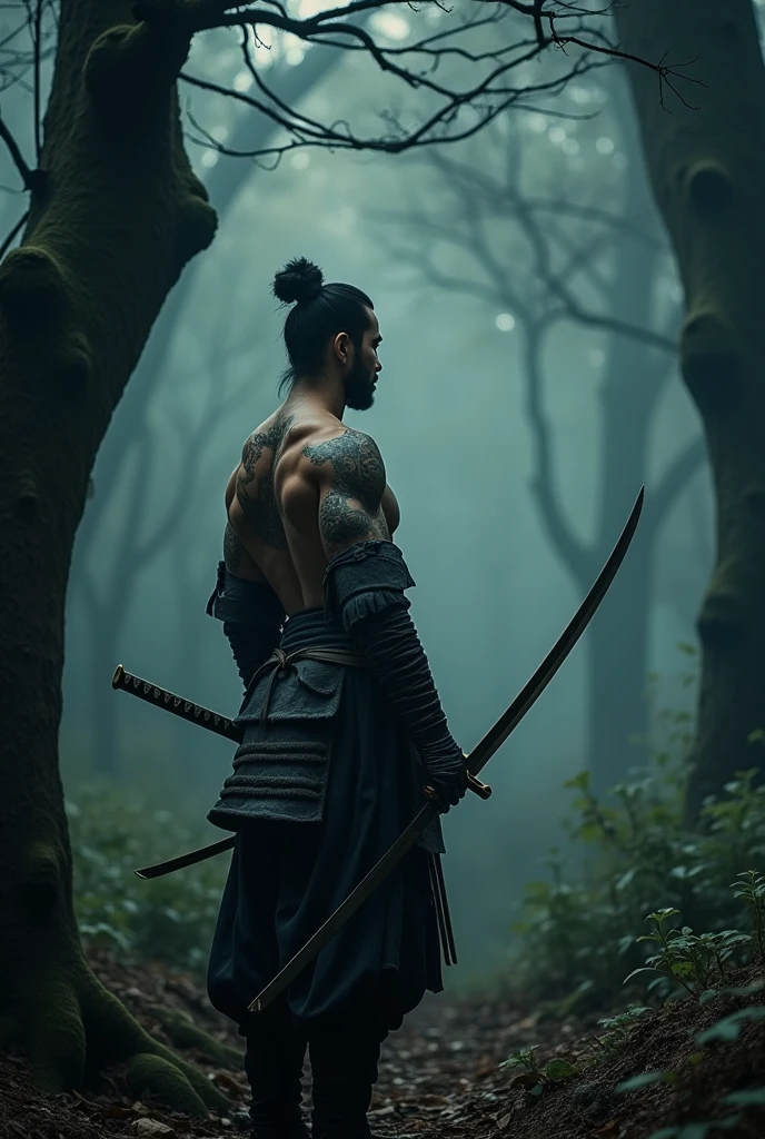 samurai in 4k full of scars on his body fighting with a sword in his hand in a dark forest cinematic scene lens blur 