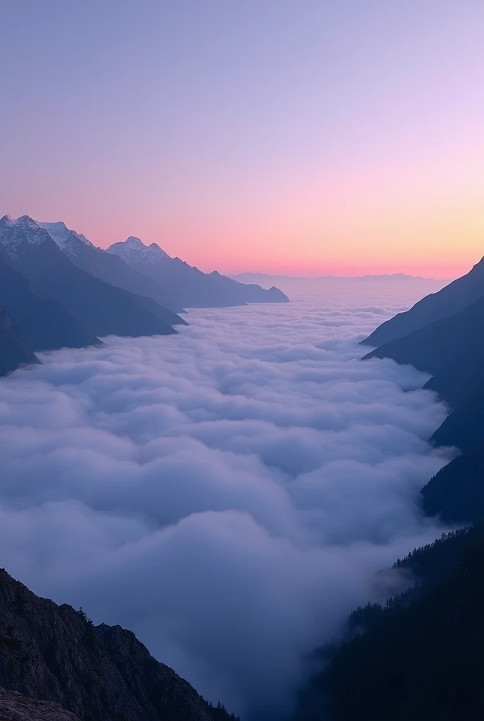 Dusk, sea of clouds, mountain ranges, viewed from a high place.