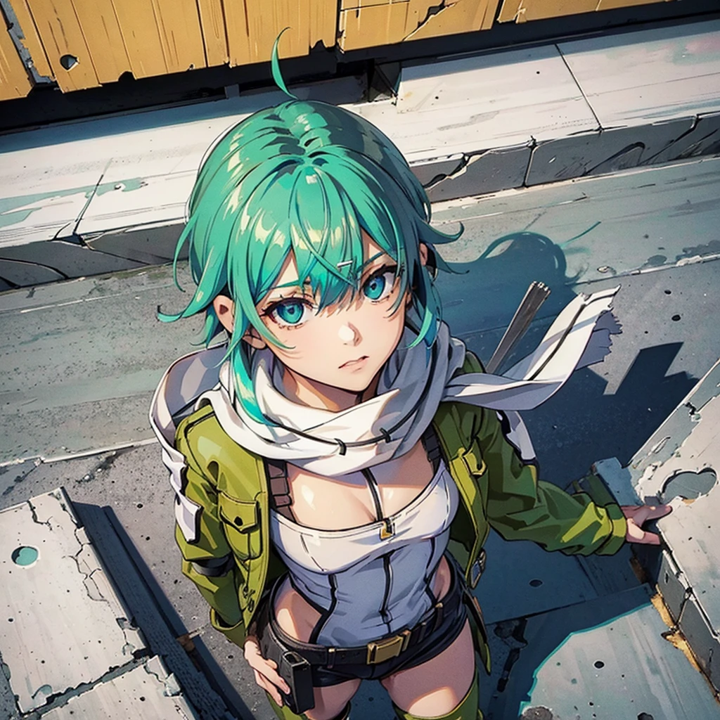 (masterpiece), Highest quality, Expressive eyes, Perfect Face, High resolution, Chinon 1, A long white scarf with a black line down the middle, Fingerless gloves, Long sleeve, Short shorts, hair ornaments, Hair Clip, Green knee socks,Short green jacket, Thigh straps, Field, ,Hard boots ruins background, Destroyed building, Are standing, Portraiture, Looking at the audience, (From above:2)