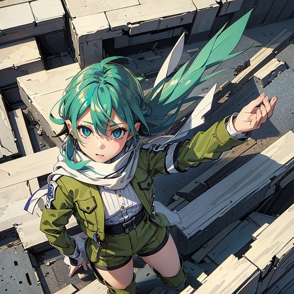 (masterpiece), Highest quality, Expressive eyes, Perfect Face, High resolution, Chinon 1, A long white scarf with a black line down the middle, Fingerless gloves, Long sleeve, Short shorts, hair ornaments, Hair Clip, Green knee socks,Short green jacket, Thigh straps, Field, ,Hard boots ruins background, Destroyed building, Are standing, Portraiture, Looking at the audience, (From above:2)