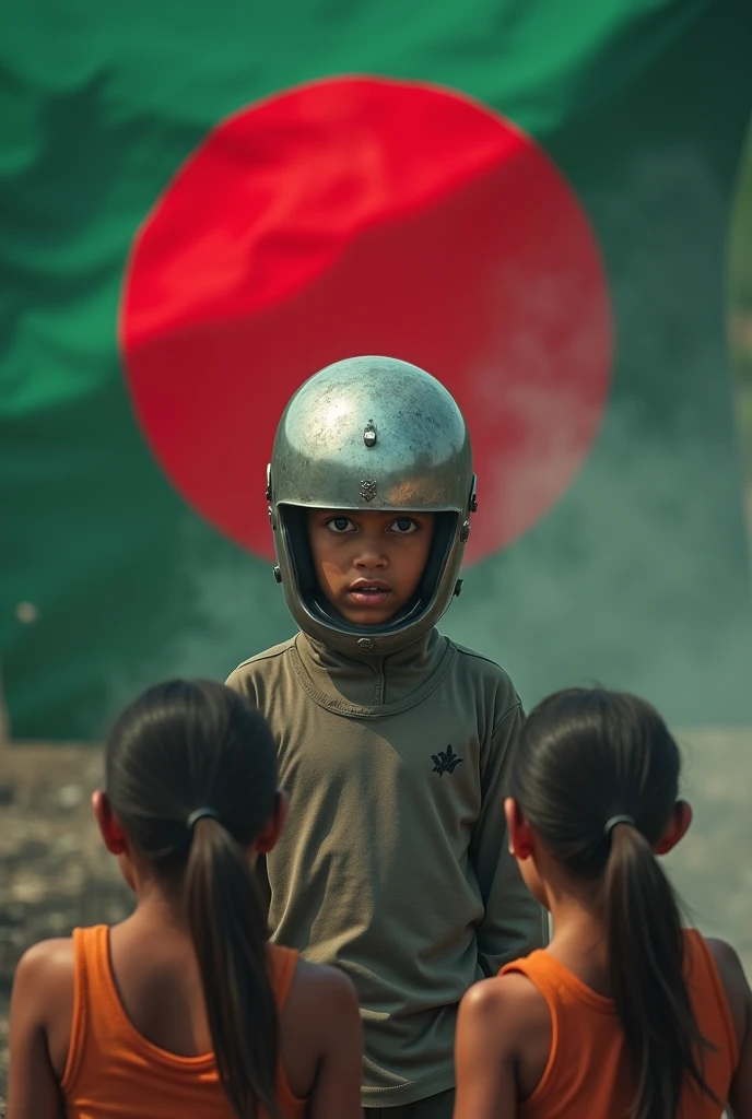 A boy wearing a helmet is in the position of killing two girls and the two girls are scared and the flag of Bangladesh is behind
