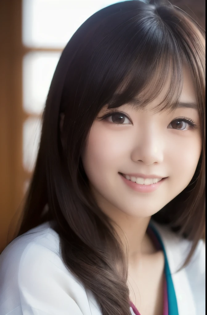 best quality, face focus, soft light, ultra high res, (photorealistic:1.4), RAW photo,(Shinozaki Ai), white skin, kawaii, 1 Japanese girl, solo, cute, (smile), (pupil, lights in the eyes),  detailed beautiful face, Medium-sized breasts,(high resolution detail of human skin texture),(long hair),(portrait), upper body, white traditional kimono